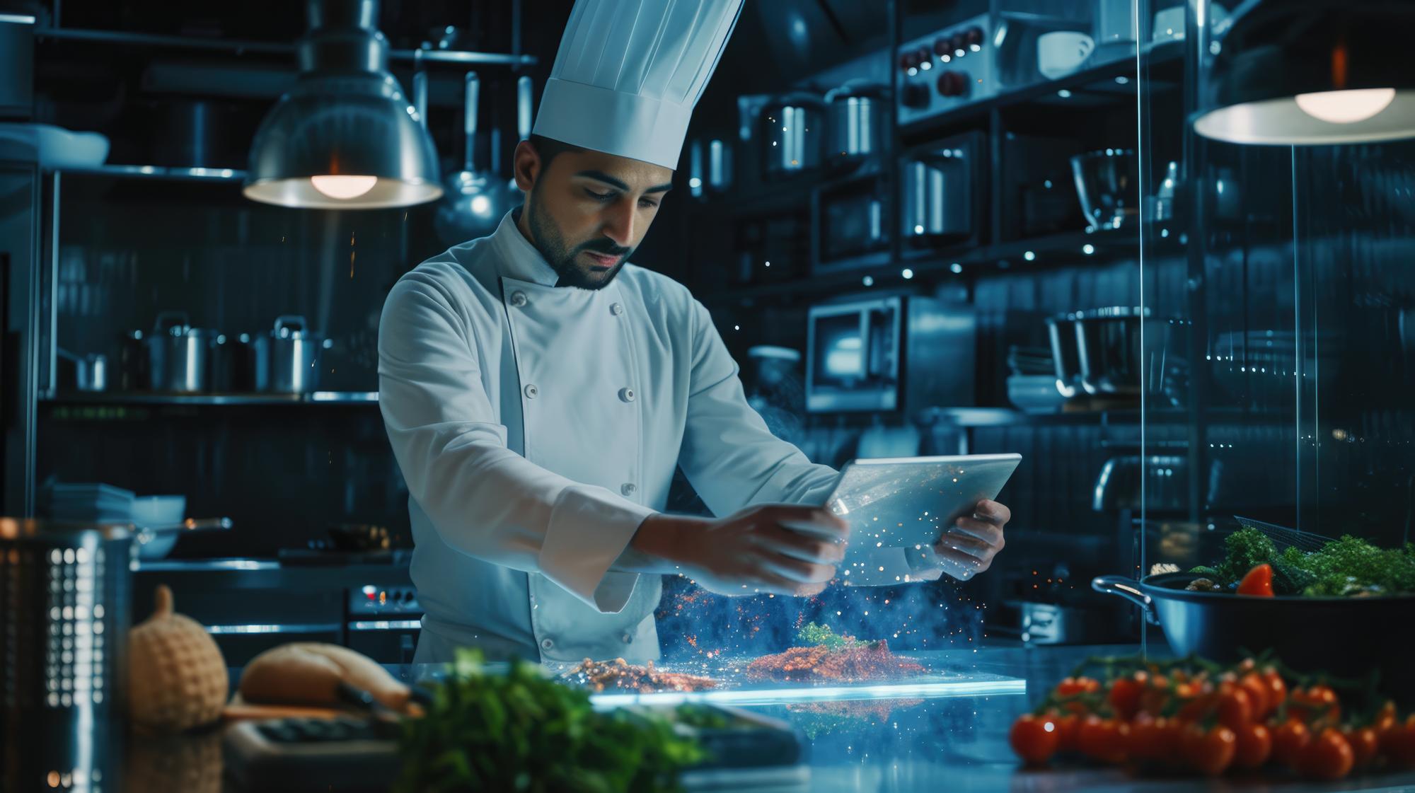 Chef using touch tablet to calibrate recipe